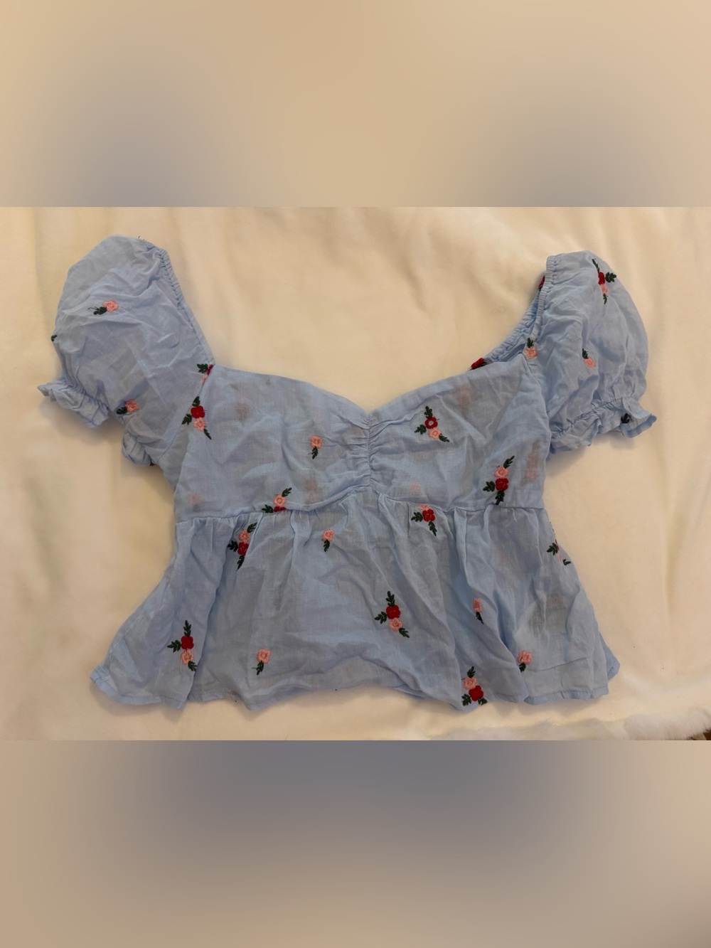 Light Blue Floral Puff Sleeve Peplum Top